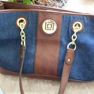 LIZ CLAIBORNE bag!  Denim & brown faux leather, with gold tone hardware.